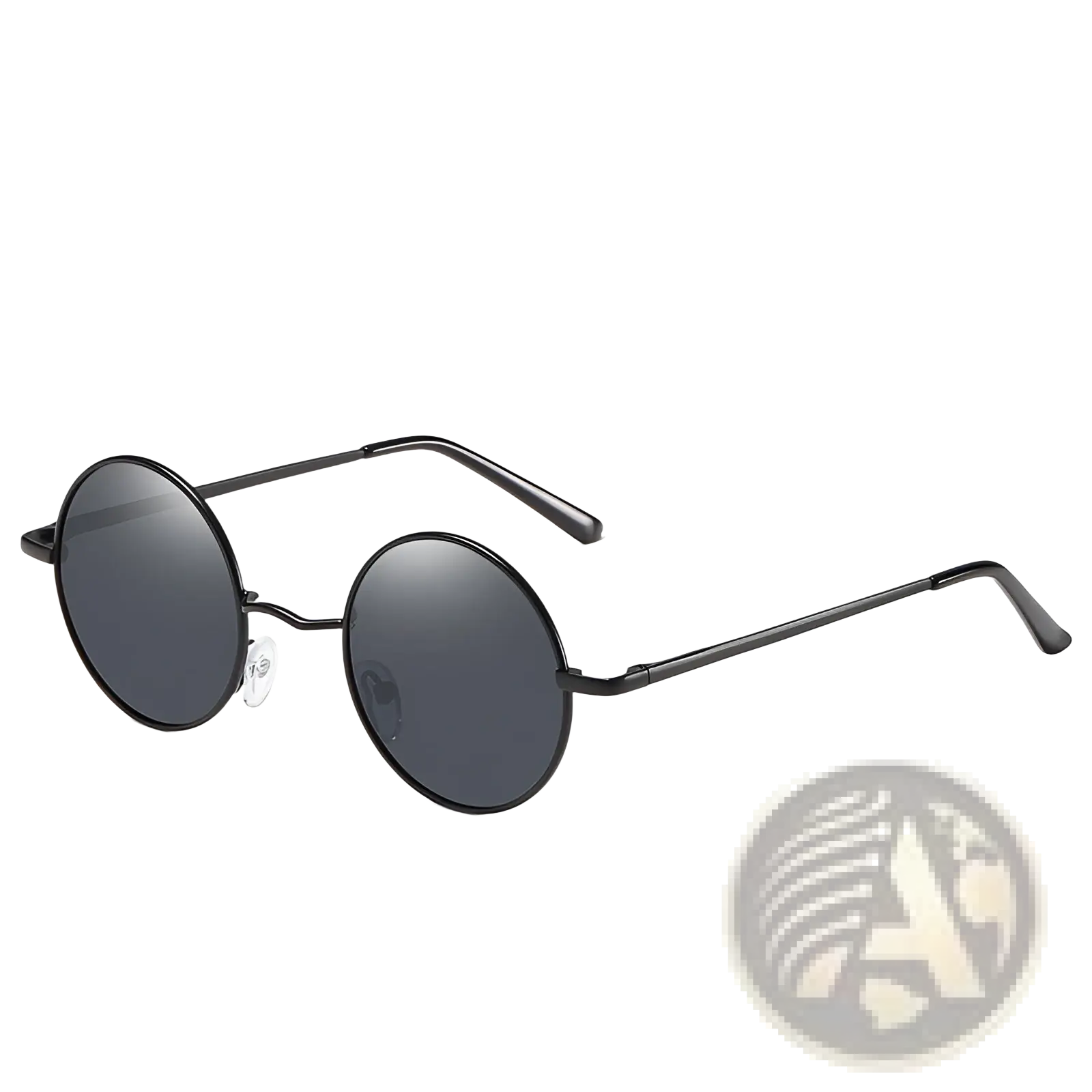 Black round-framed metal sunglasses with dark gray mirrored polarized lenses and UV400 protection for outdoor use