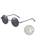 Black round-framed metal sunglasses with dark gray mirrored polarized lenses and UV400 protection for outdoor use