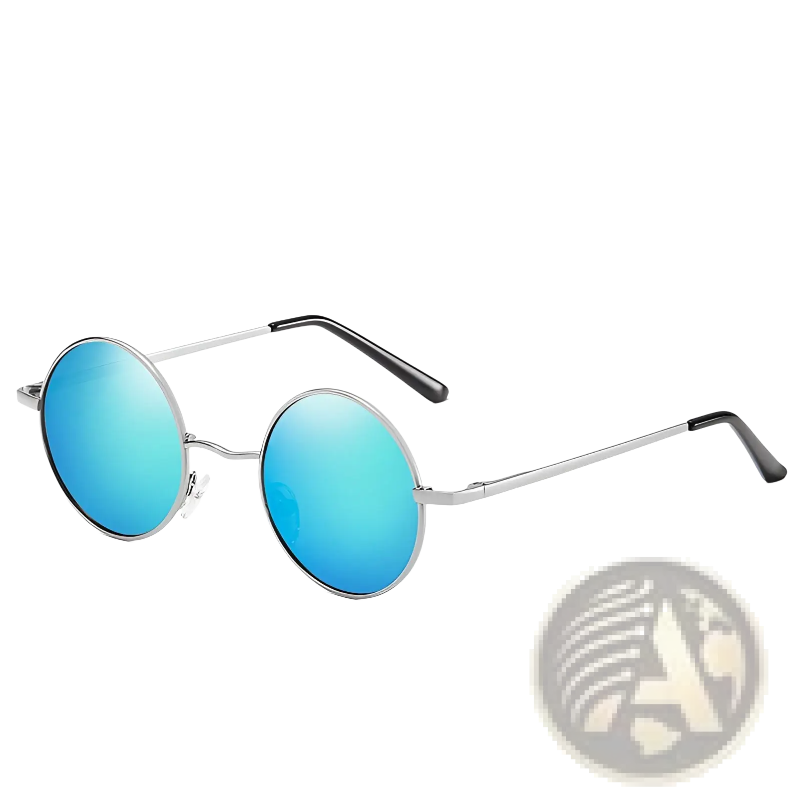 Retro round polarized metal sunglasses with blue mirrored lenses silver frame black temple tips and UV400 protection