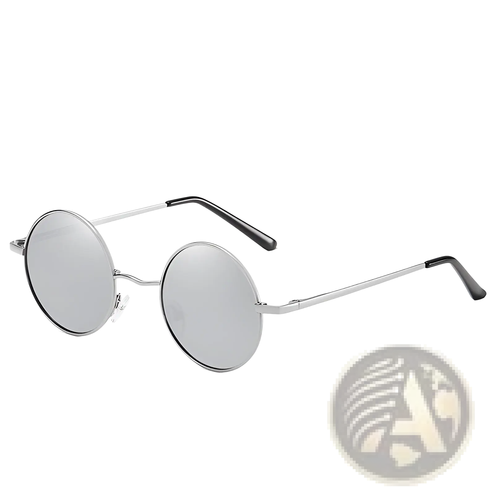 Silver round-frame metal sunglasses with mirrored lenses black temple tips retro polarized uv400 protection