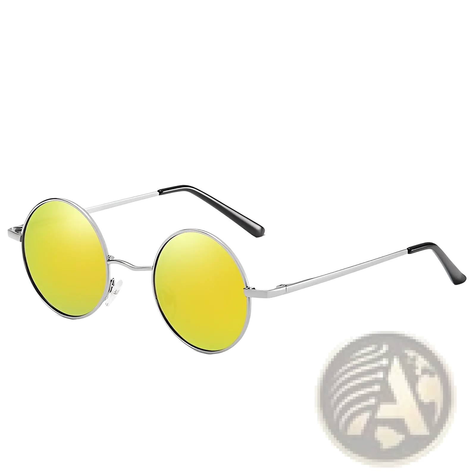 Retro round polarized metal sunglasses with silver frames yellow mirrored lenses and black temple tips uv400 protection