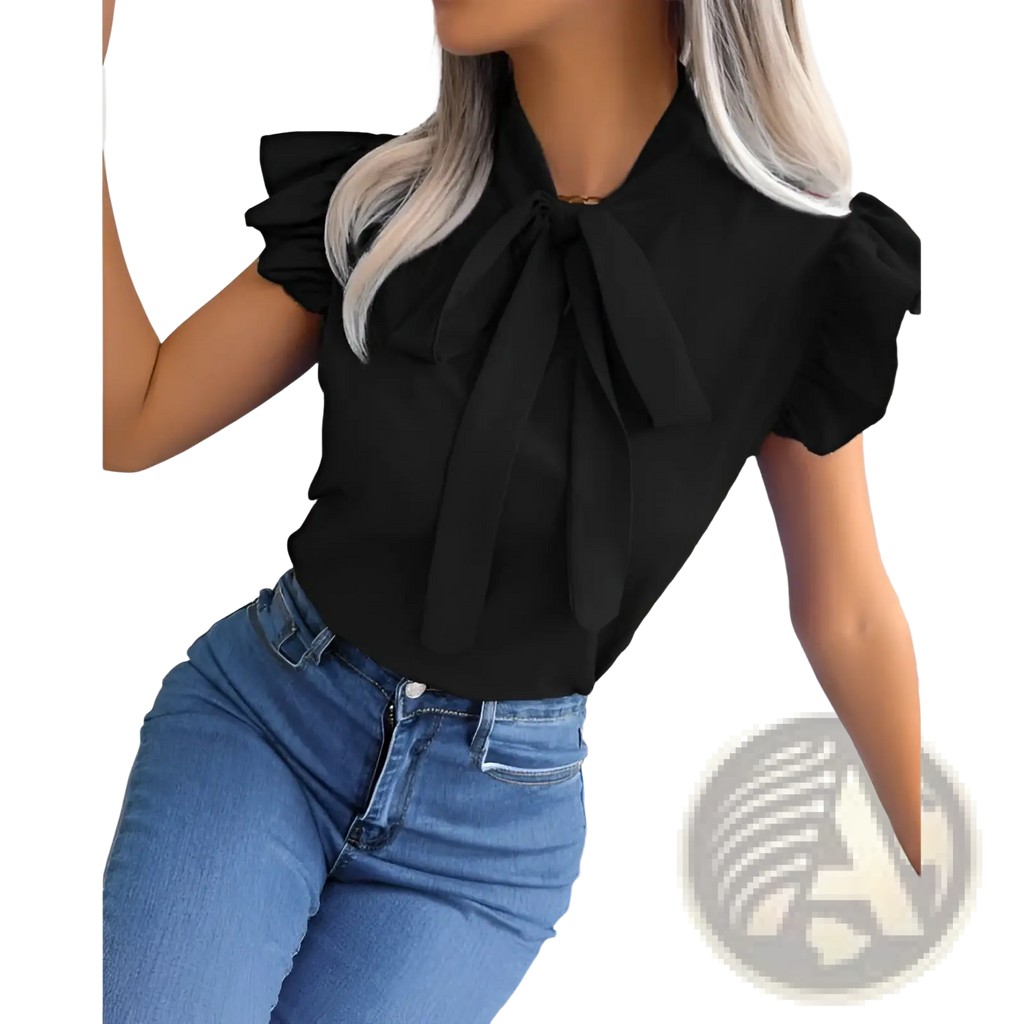 Black retro ruffled blouse with bowknot front tie and short sleeves perfect for vintage-inspired outfits