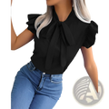 Black retro ruffled blouse with bowknot front tie and short sleeves perfect for vintage-inspired outfits