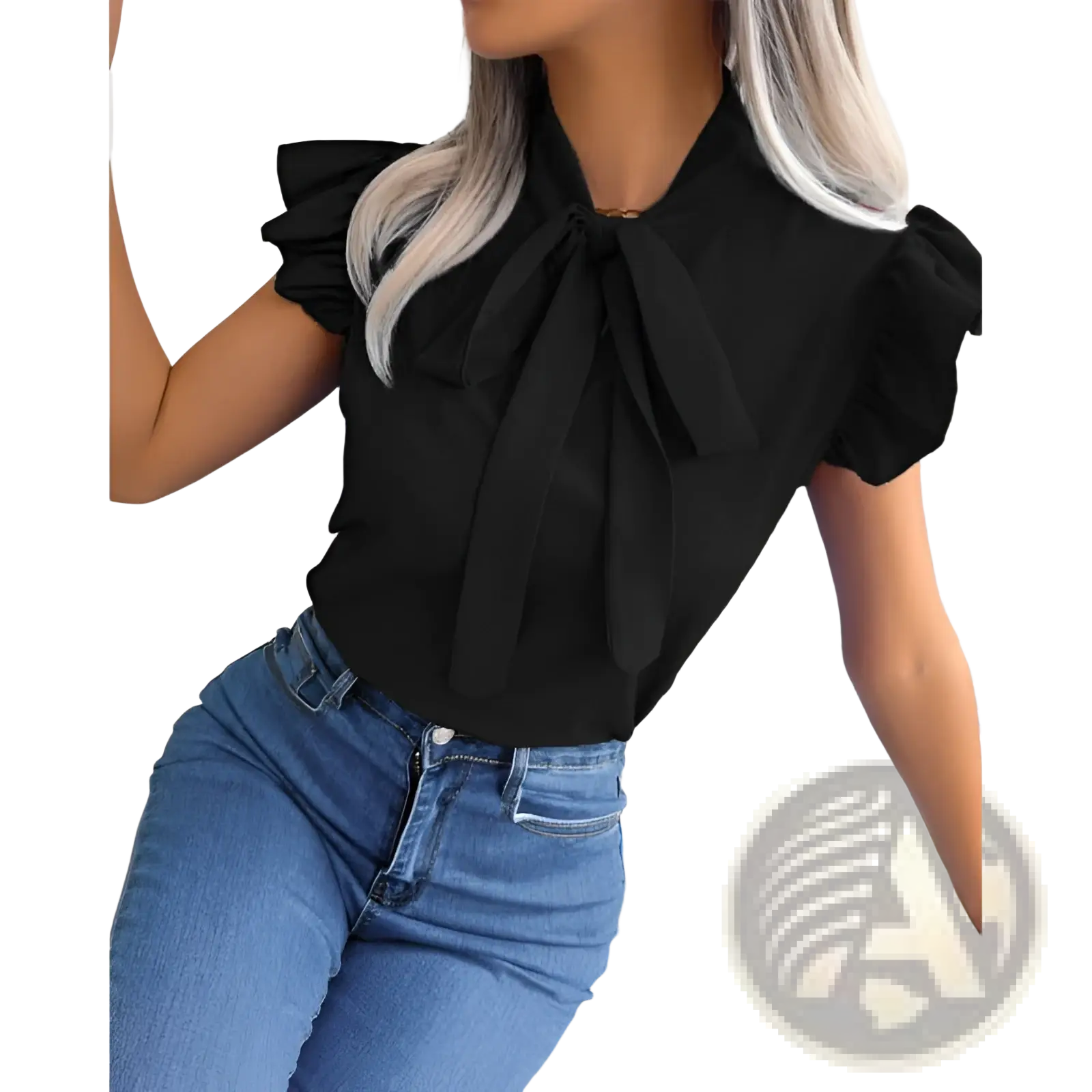 Black retro ruffled blouse with bowknot front tie and short sleeves perfect for vintage-inspired outfits