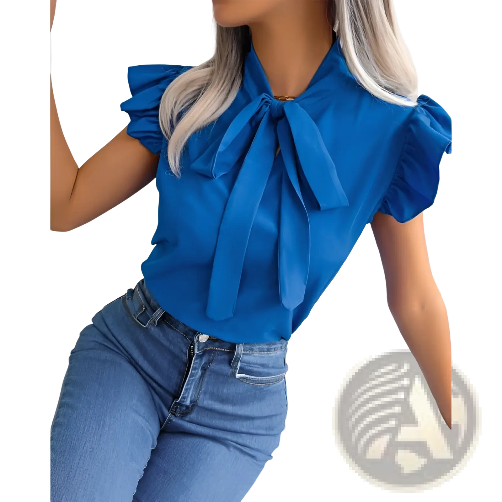 Bright blue retro ruffled bowknot short sleeve blouse with ruffled sleeves and bow neckline for stylish wear