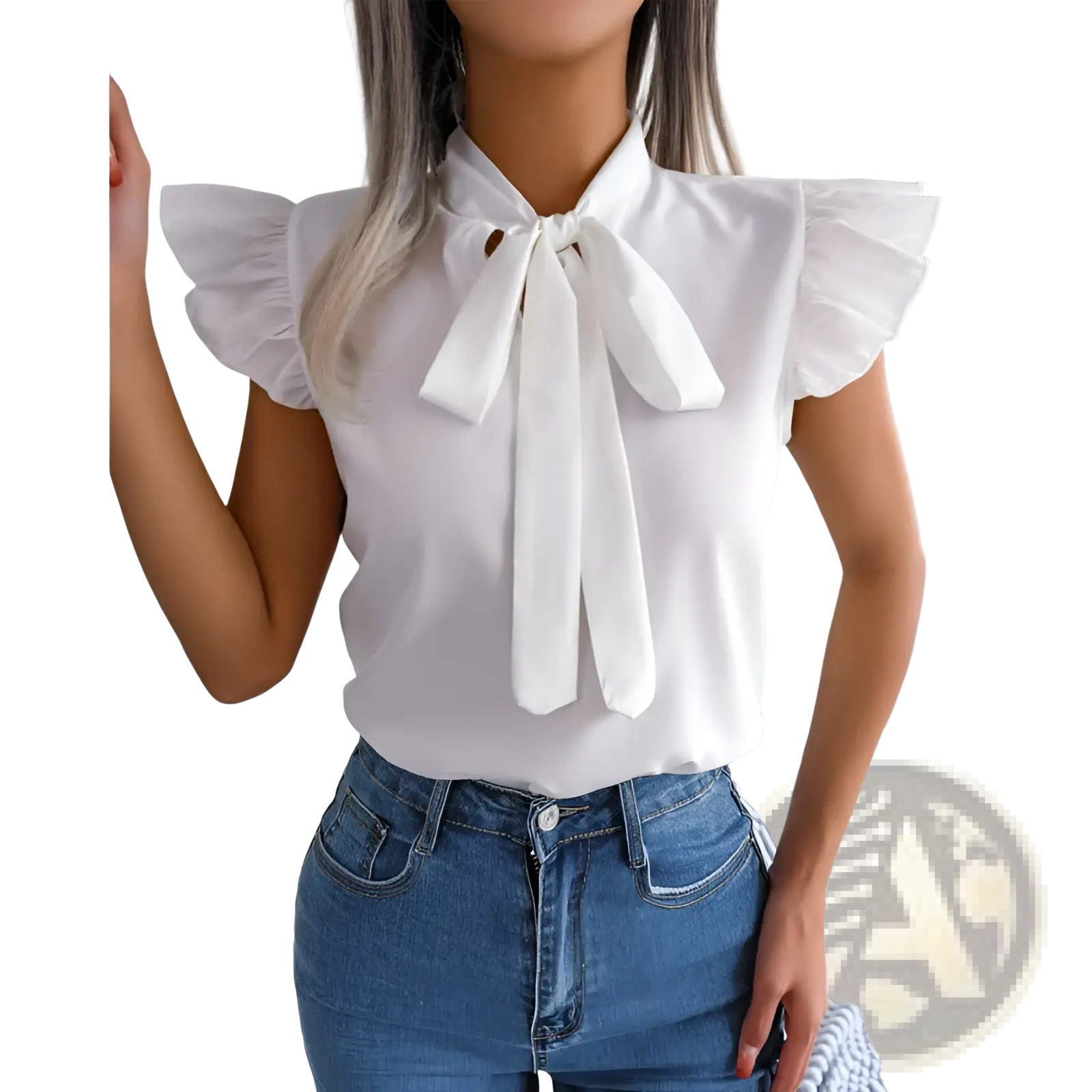 White blouse with ruffled short sleeves and tied bowknot neckline in soft fabric for retro-inspired style