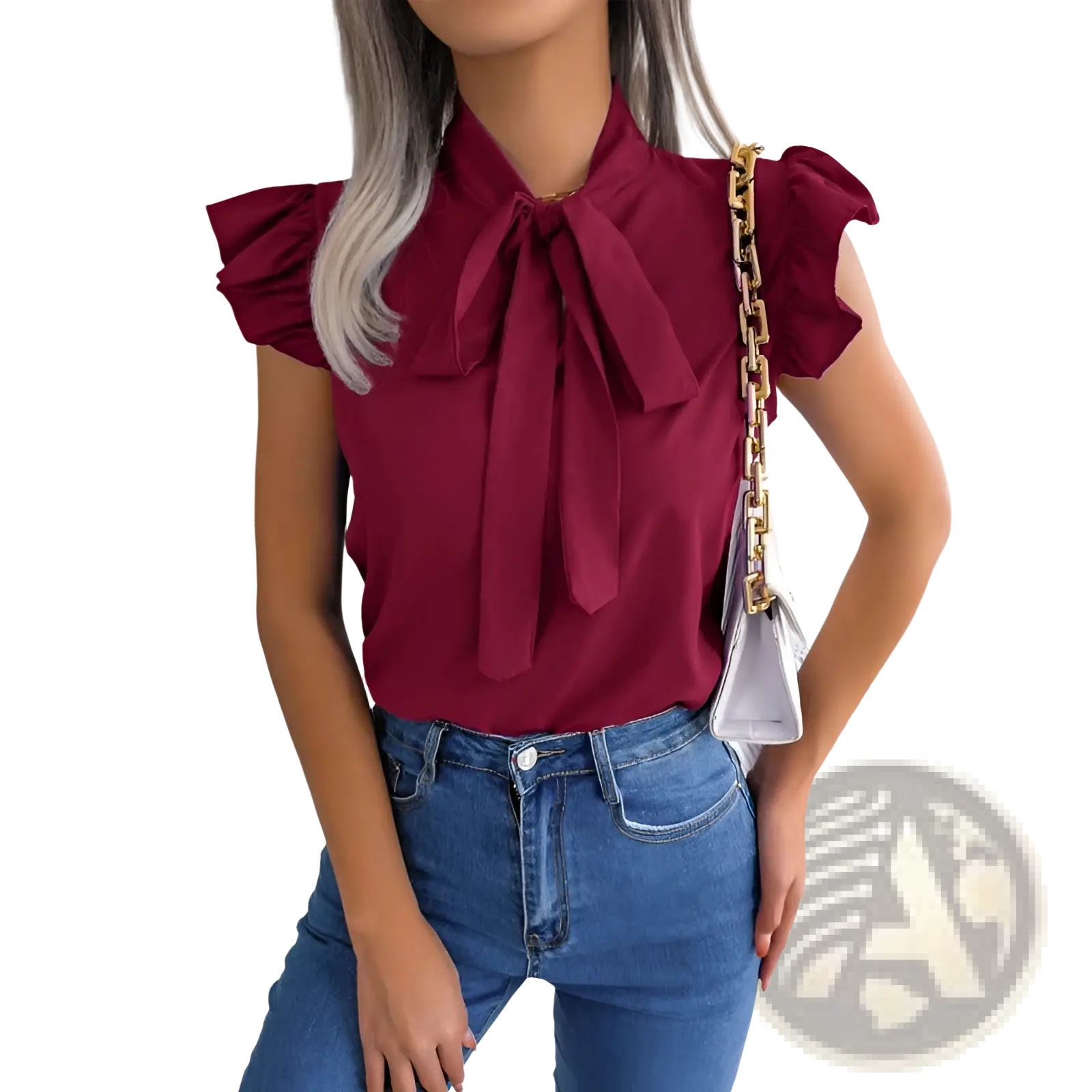 A maroon retro ruffled bowknot short sleeve blouse with prominent bow neckline and lightweight fabric perfect for casual wear