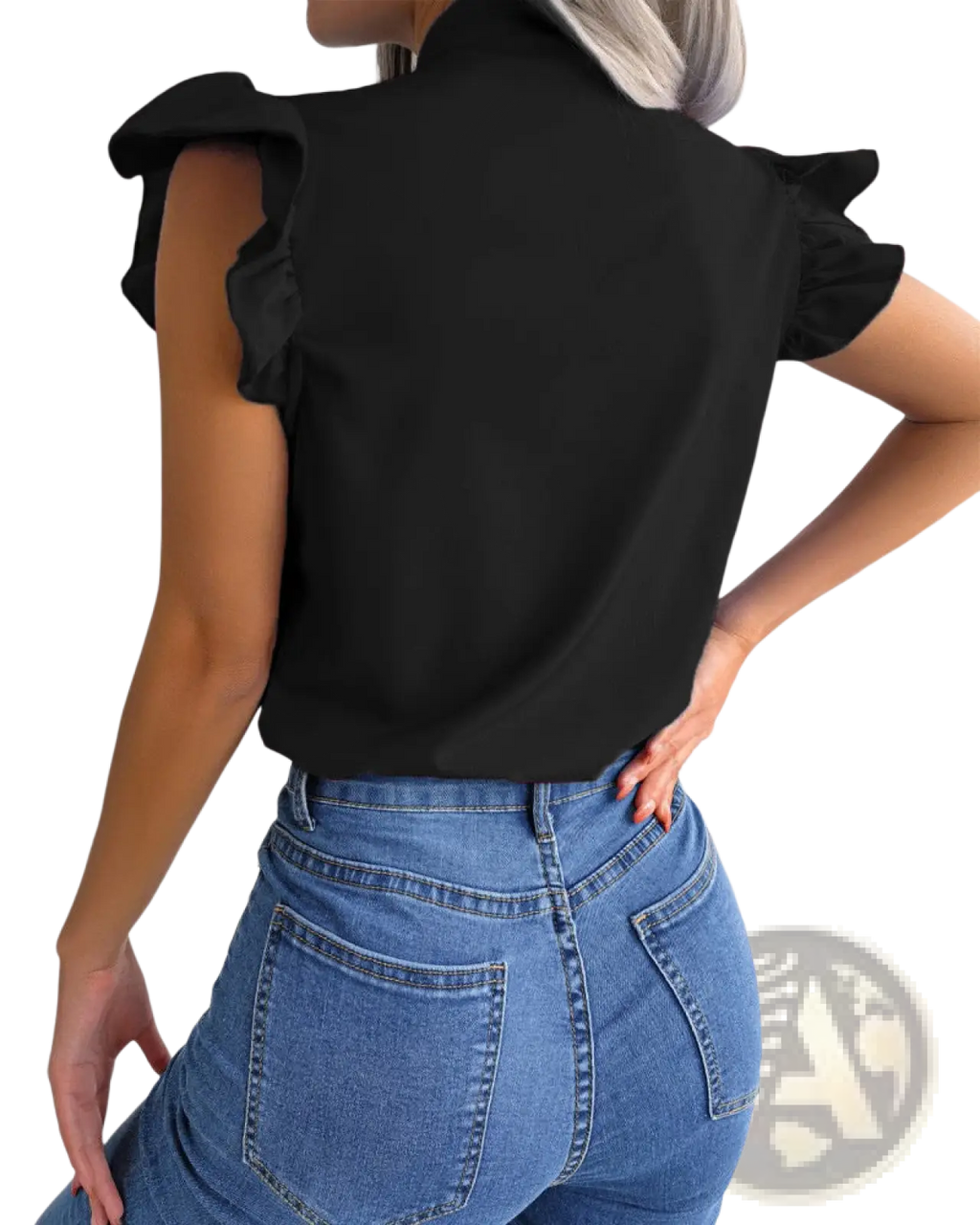 Black retro ruffled bowknot short sleeve blouse featuring ruffled sleeves made from lightweight fabric