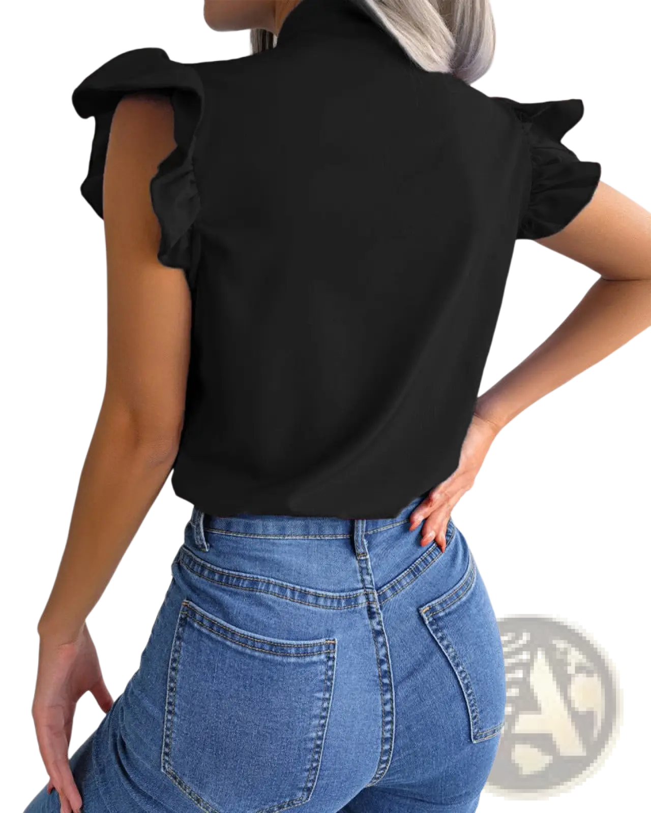 Black retro ruffled bowknot short sleeve blouse featuring ruffled sleeves made from lightweight fabric