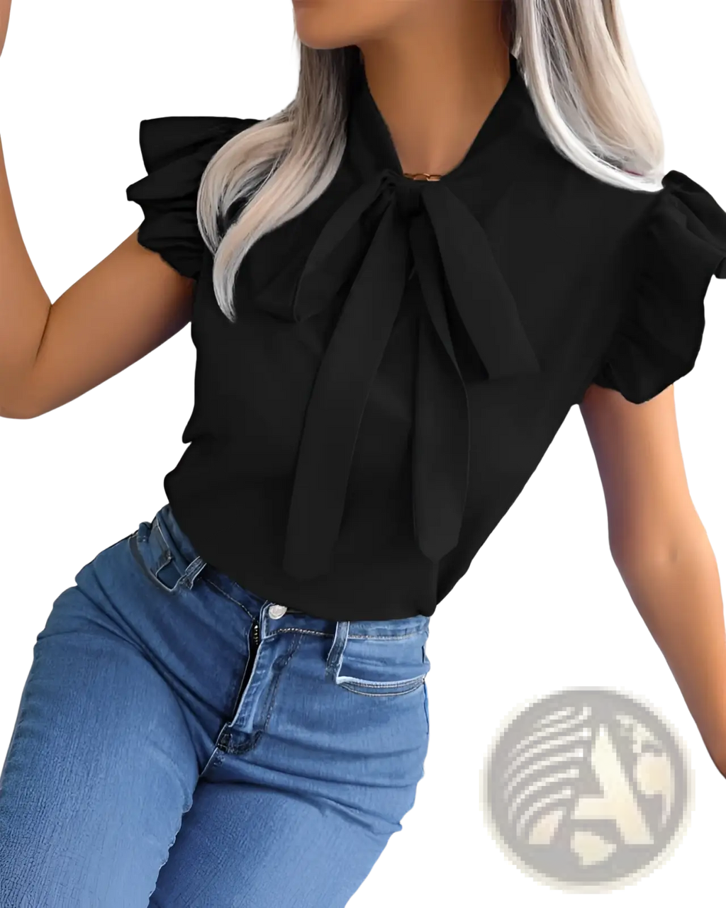 Black retro ruffled bowknot short sleeve blouse with prominent bow neckline and stylish short ruffled sleeves