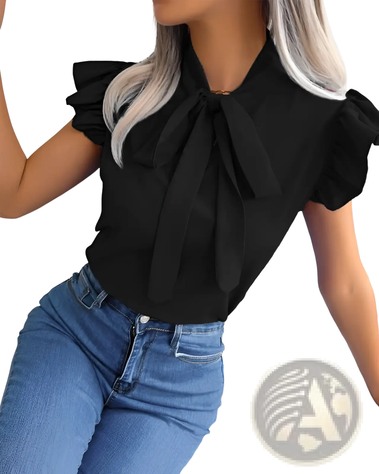 Black retro ruffled bowknot short sleeve blouse with prominent bow neckline and stylish short ruffled sleeves