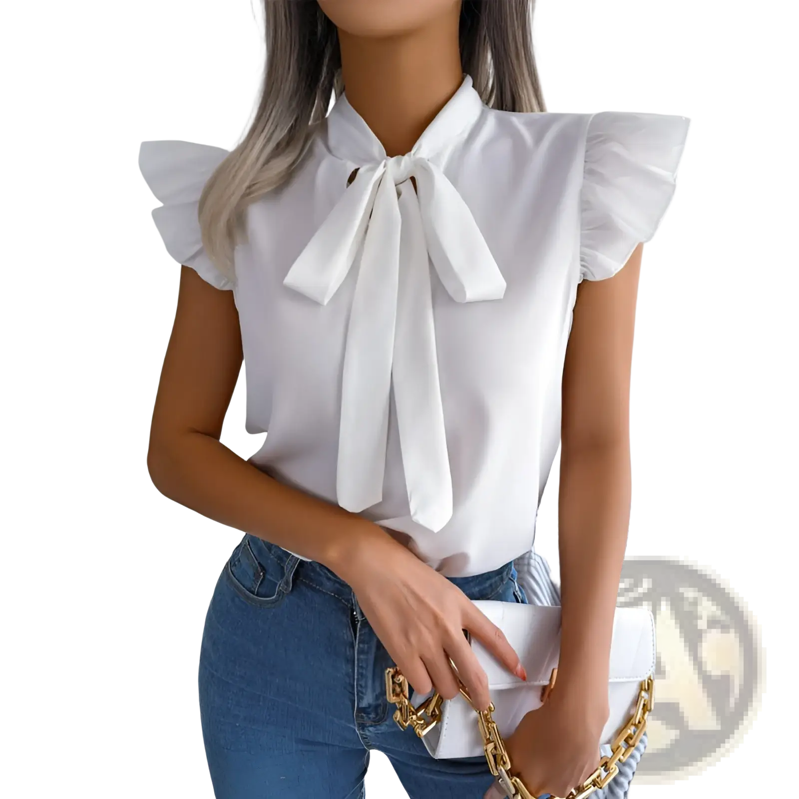 White retro ruffled bowknot short sleeve blouse with tied bow neckline and delicate ruffled sleeves for elegant wear