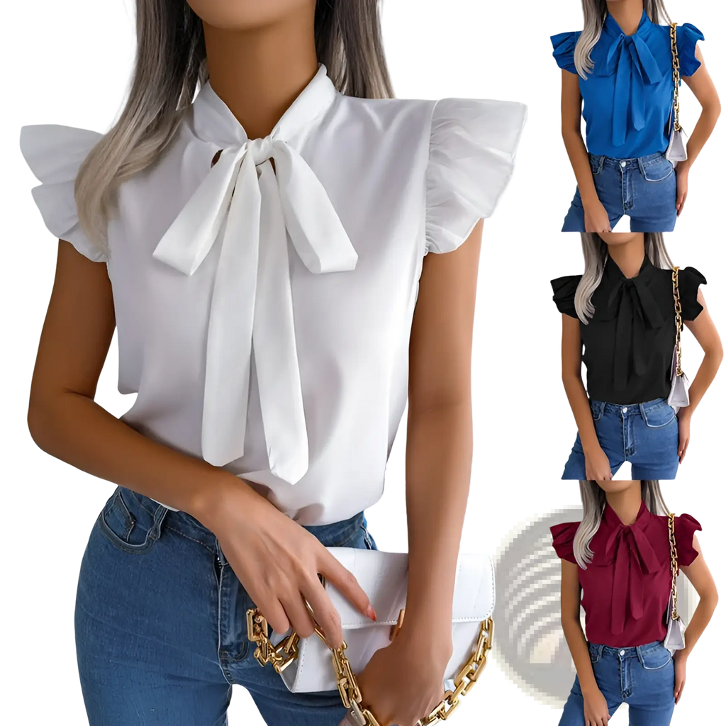 White blouse featuring a flowing bowknot neckline and ruffled short sleeves in a retro style design