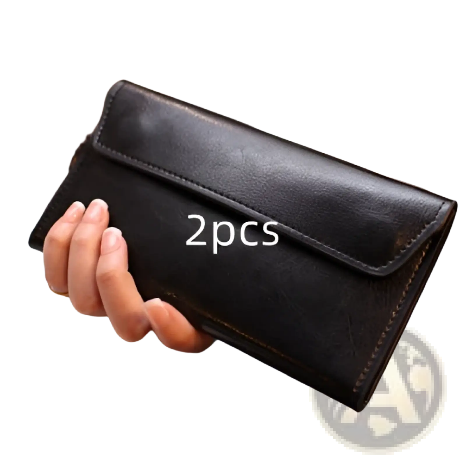 Black leather retro slim cowhide wallet with flap closure and contrast stitching visible on front side