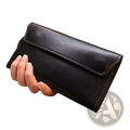 Black leather retro slim cowhide wallet with flap closure and contrast visible stitching