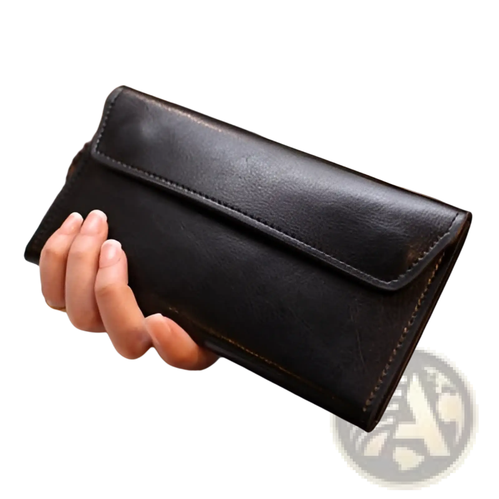 Black leather retro slim cowhide wallet with flap closure and contrast visible stitching