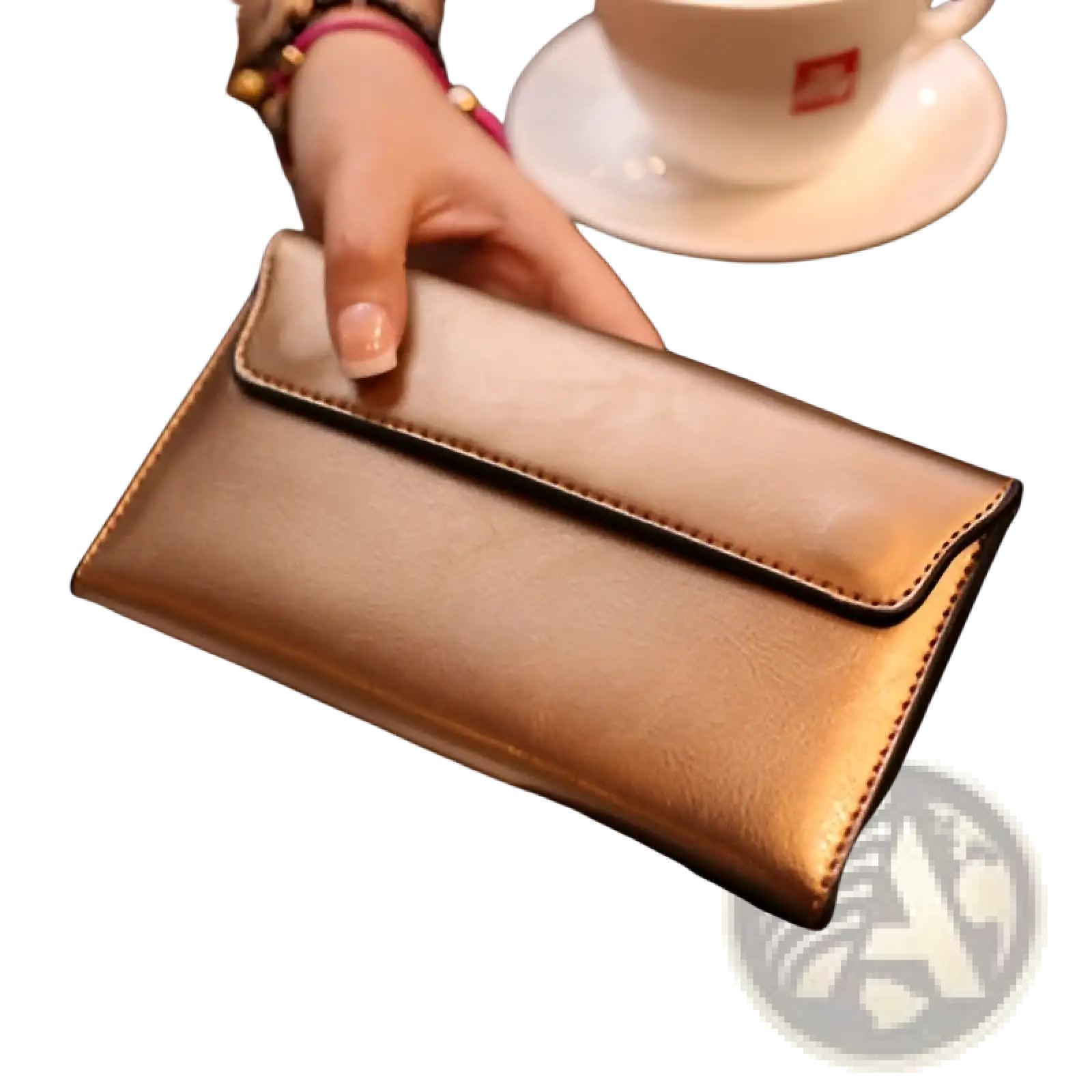 A retro slim cowhide leather flap wallet in metallic gold with smooth finish and contrast stitching edges