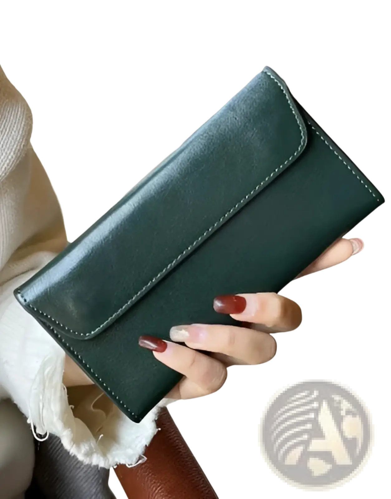 Dark green retro slim cowhide leather flap wallet with contrast stitching and visible stitching detail