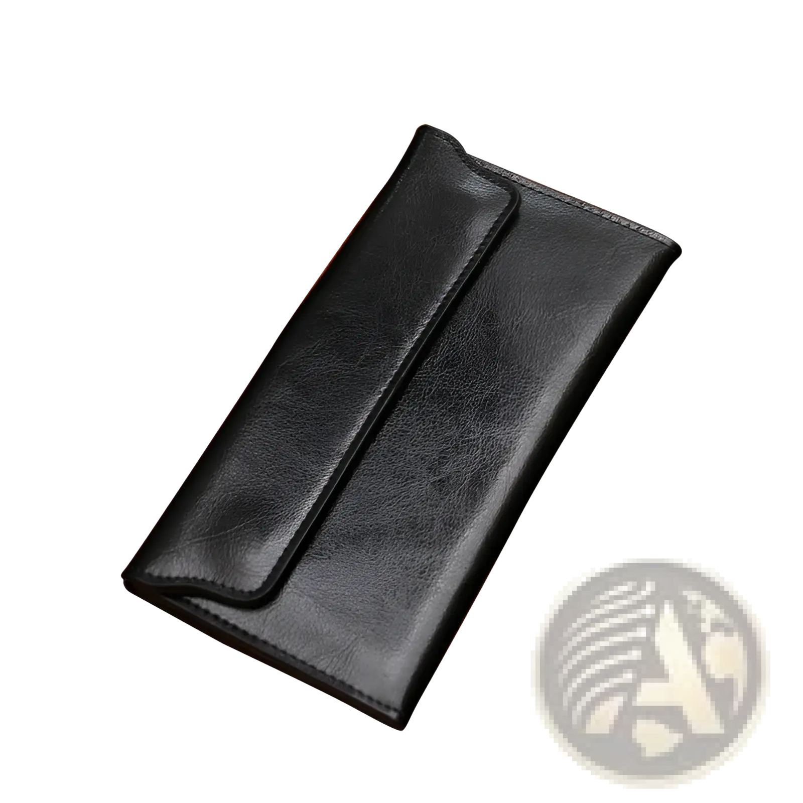 Black leather retro slim cowhide flap wallet with smooth textured surface and contrast stitching along edges