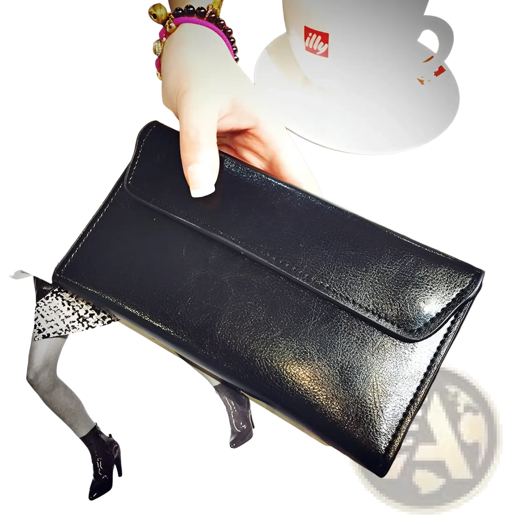 Retro slim cowhide leather flap wallet in black with smooth glossy finish and contrast stitching along edges