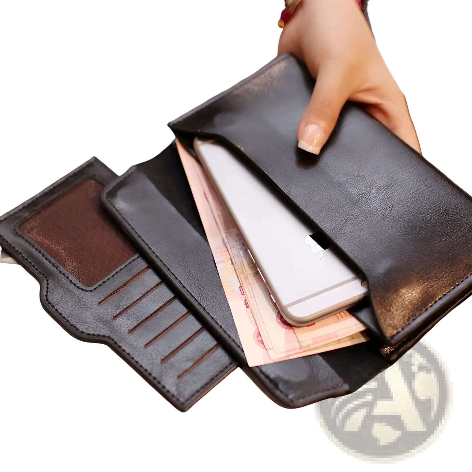 Black retro slim cowhide leather flap wallet with contrast stitching multiple card slots zippered compartment holding cash and smartphone