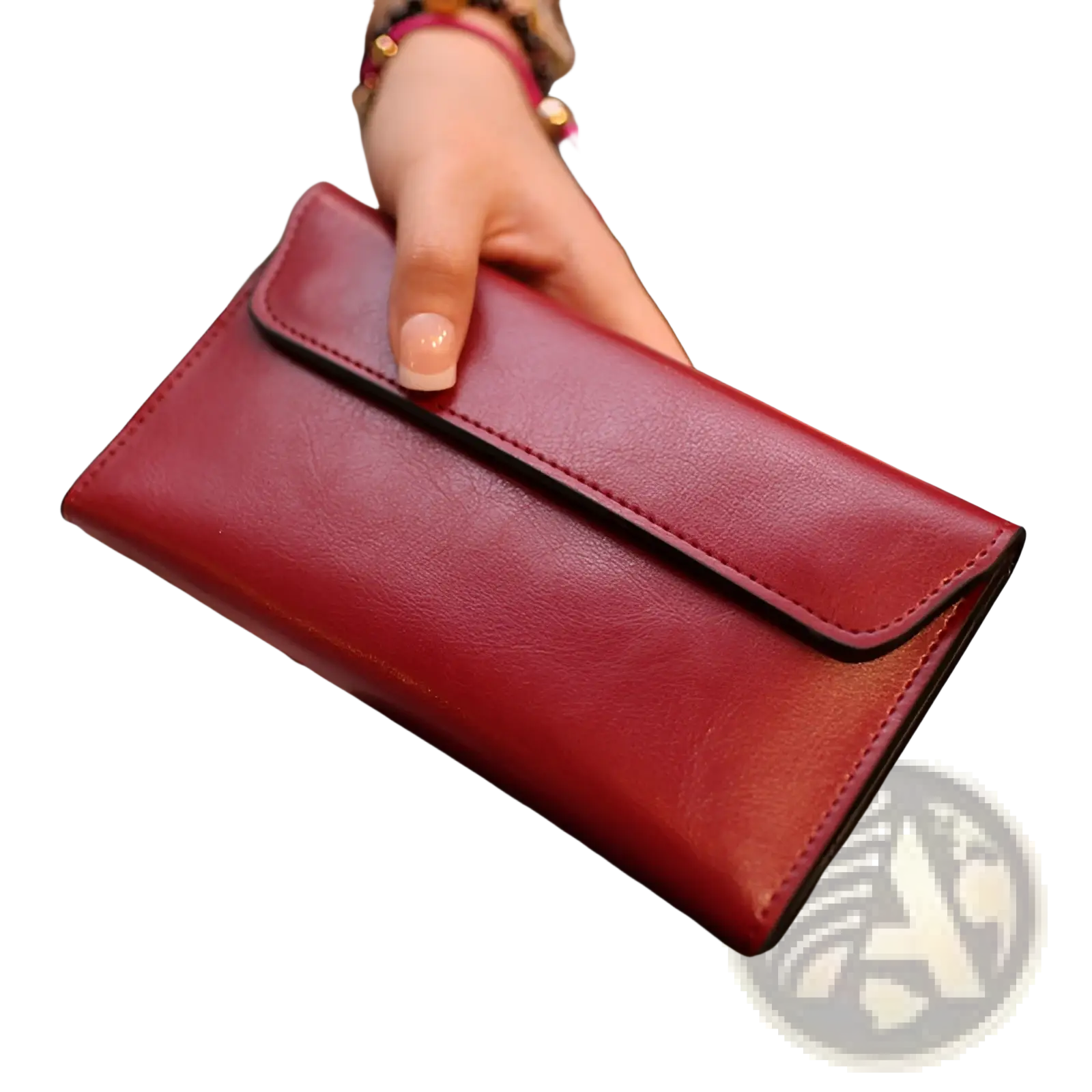 A retro slim cowhide leather flap wallet in rich burgundy with minimalist design and black contrast stitching