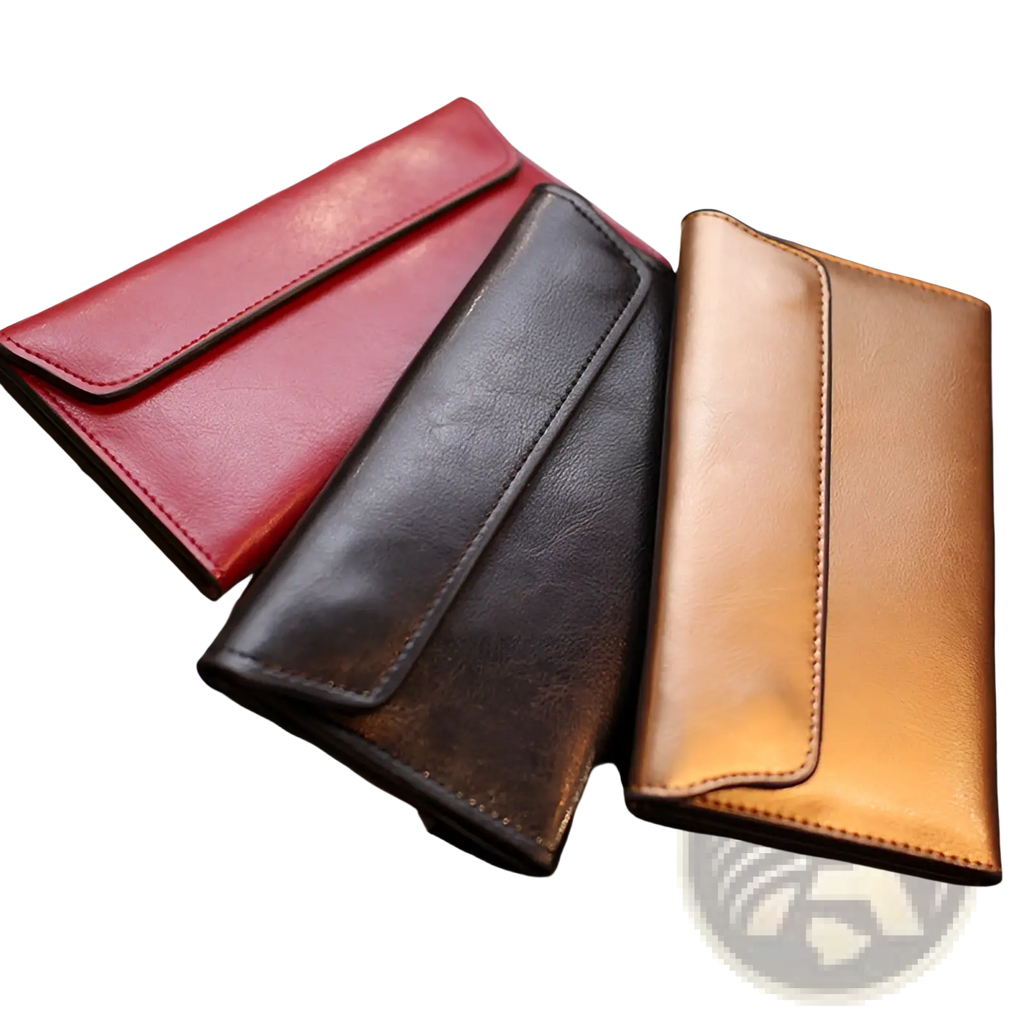Retro slim cowhide leather flap wallets in red black and tan with contrast stitching and slim fold-over design