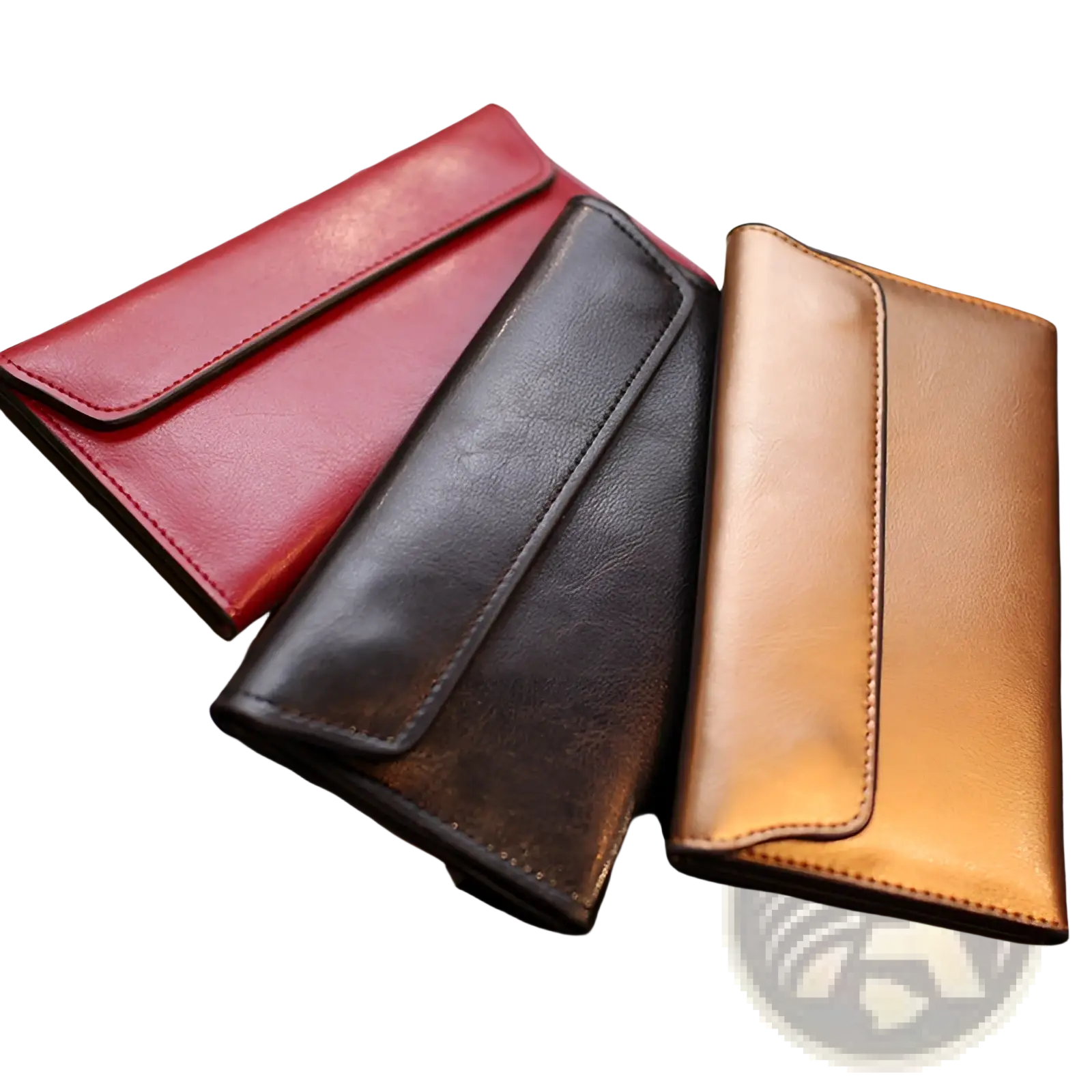 Retro slim cowhide leather flap wallets in red black and tan with contrast stitching and slim fold-over design