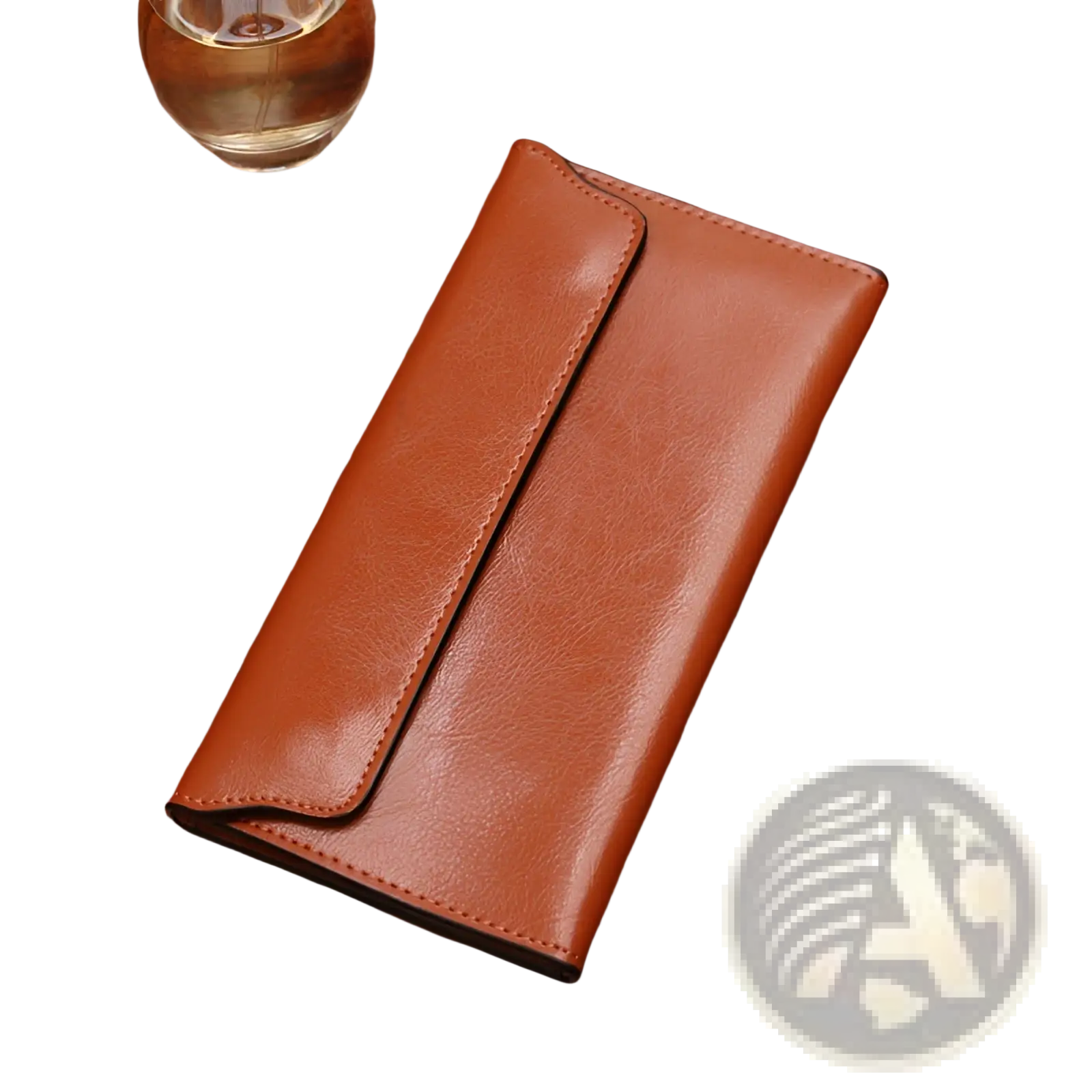 A sleek tan retro slim cowhide leather flap wallet with smooth texture and contrast stitching along edges