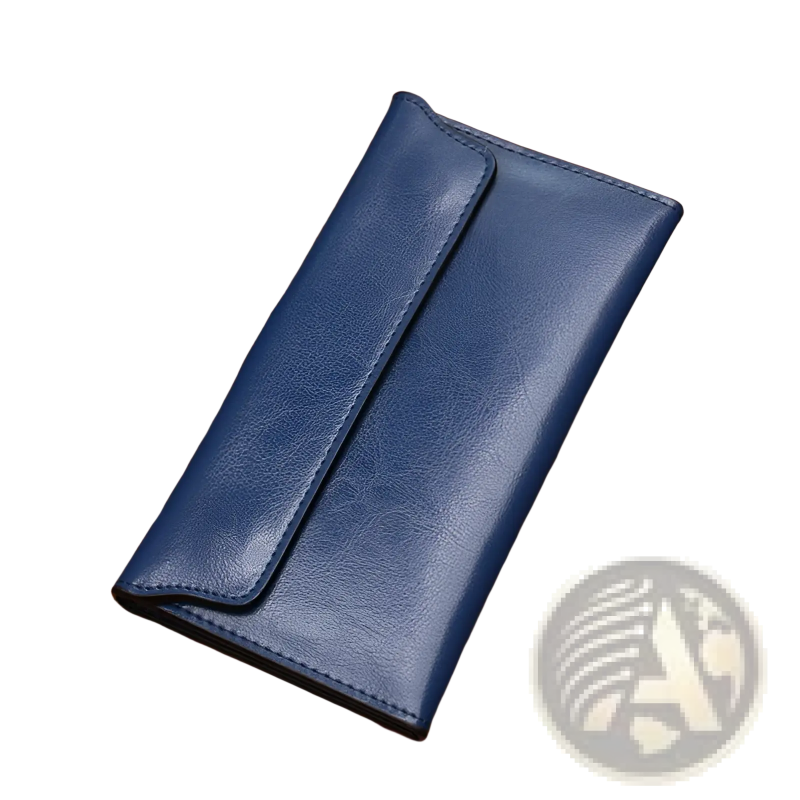Retro slim cowhide leather flap wallet in deep blue with smooth textured surface and contrast stitching