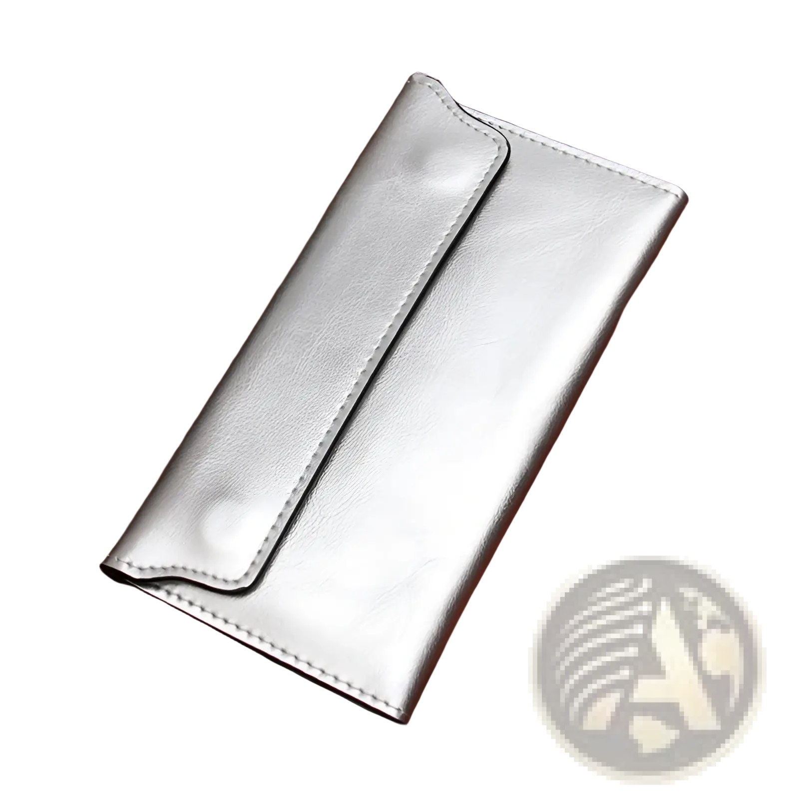 Silver metallic retro slim cowhide leather flap wallet with sleek minimalist design and contrast stitching