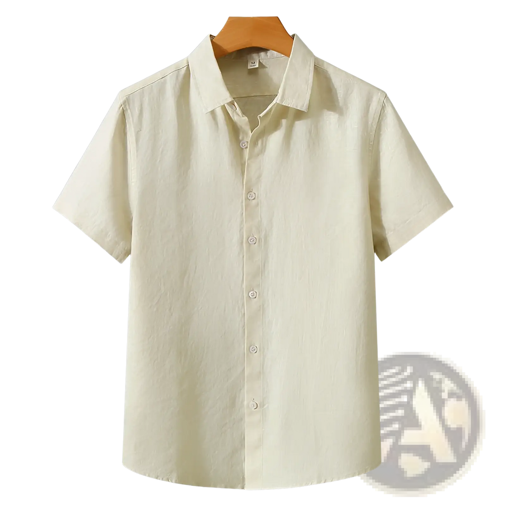 A light beige retro slim fit short sleeve linen shirt with classic collar and subtle texture for casual wear