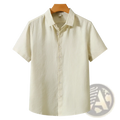 A light beige retro slim fit short sleeve linen shirt with classic collar and subtle texture for casual wear