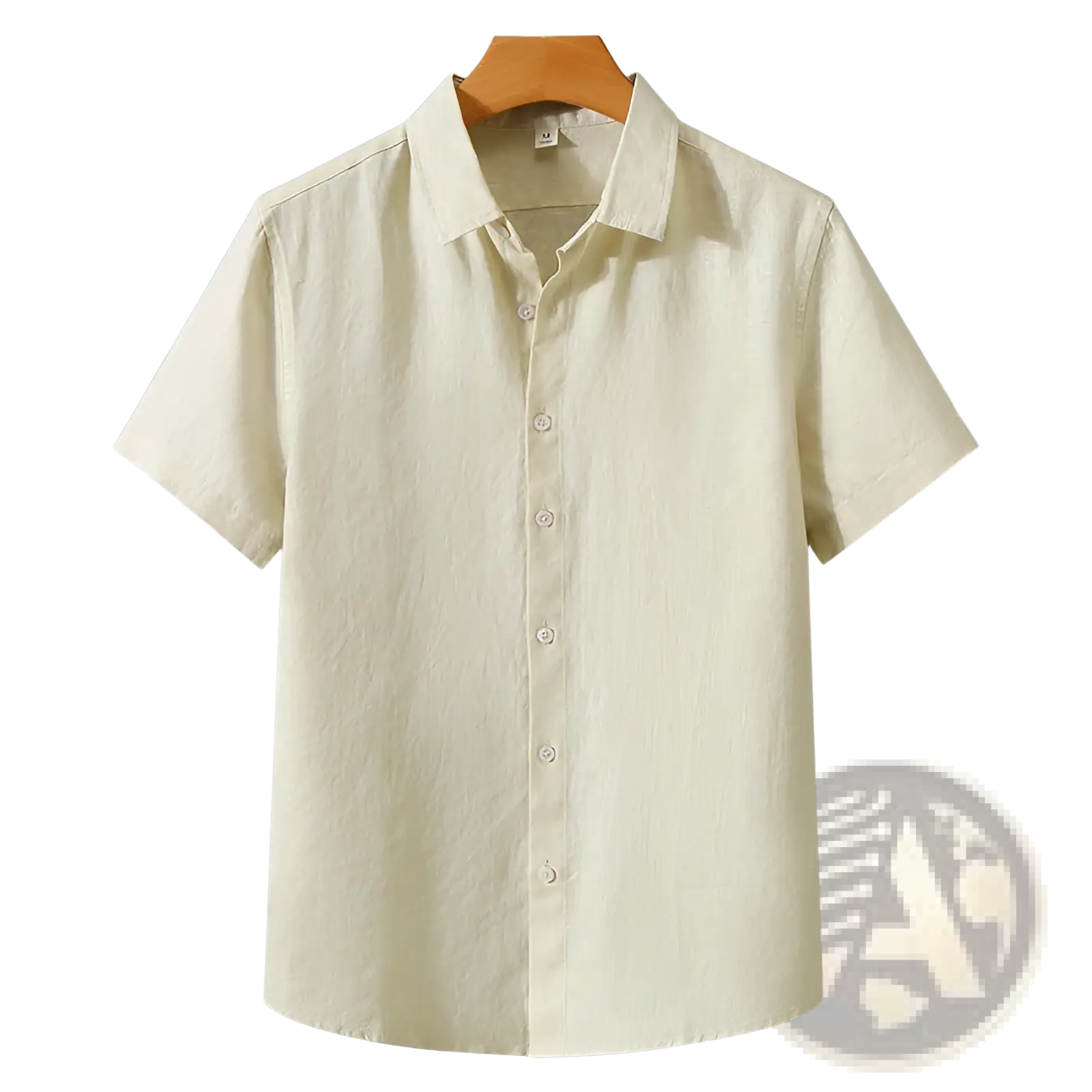 A light beige retro slim fit short sleeve linen shirt with classic collar and subtle texture for casual wear