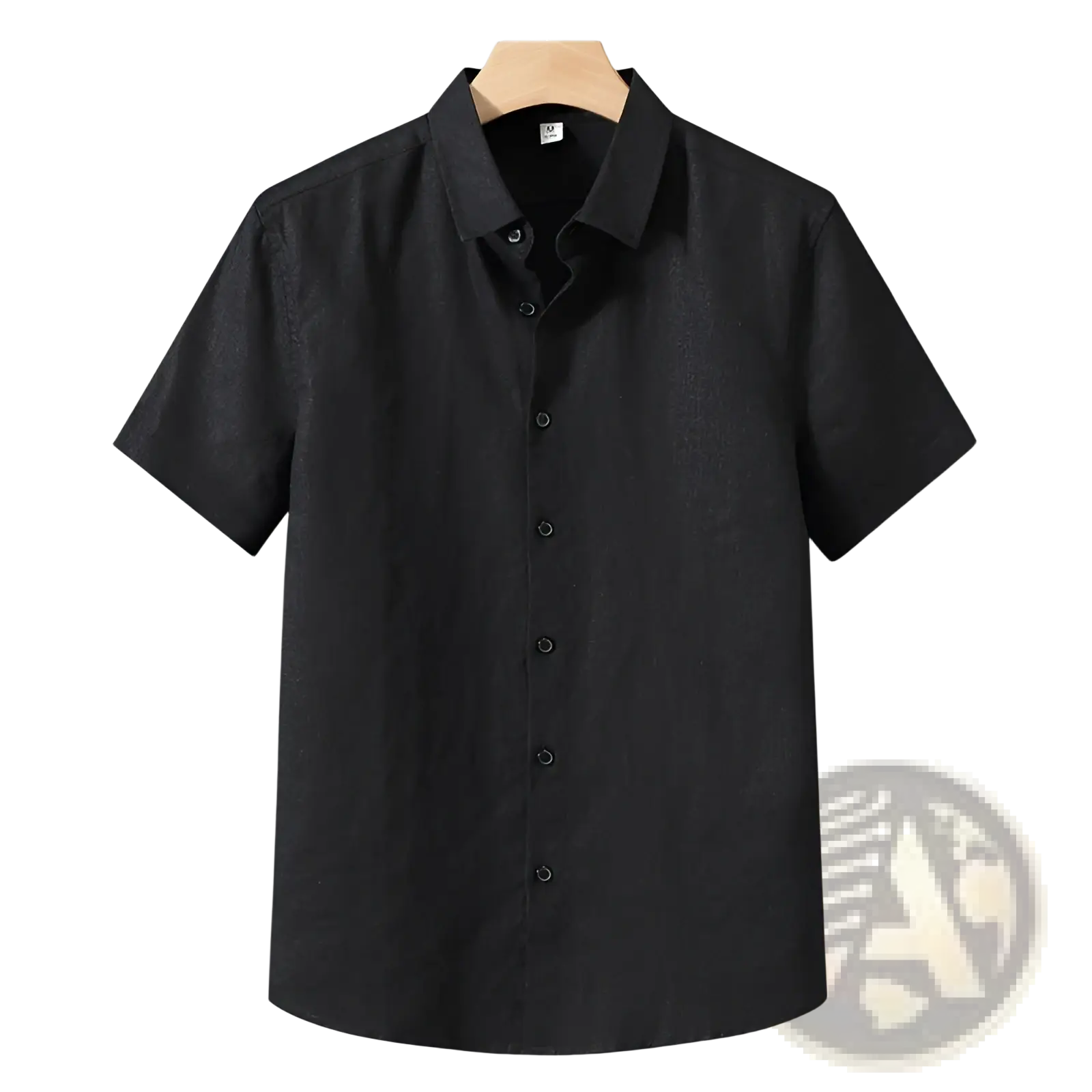 Black retro slim fit short sleeve linen shirt with a classic collar and subtle texture shown from the front