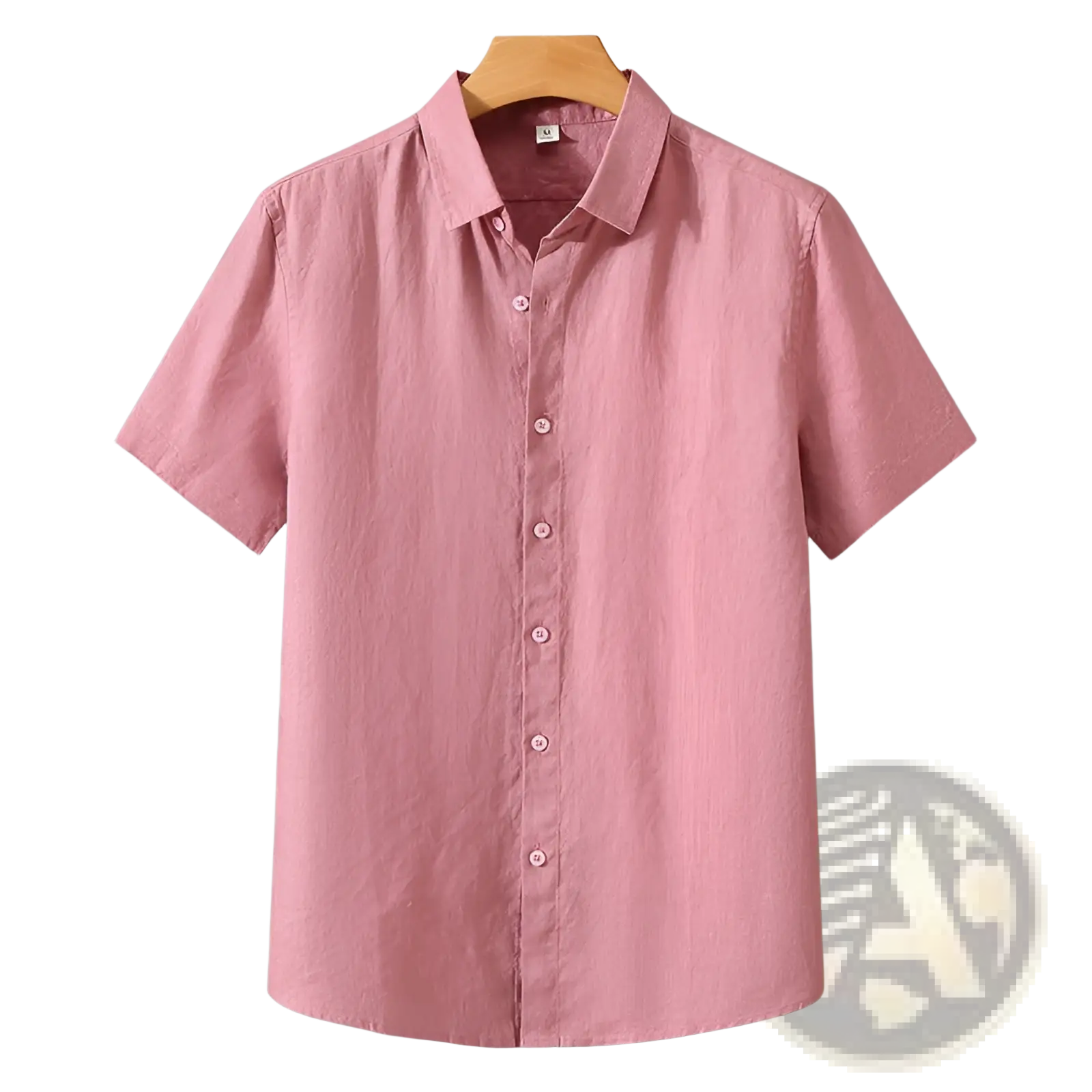 Retro slim fit short sleeve linen shirt in soft pink with classic collar and matching buttons made from lightweight fabric