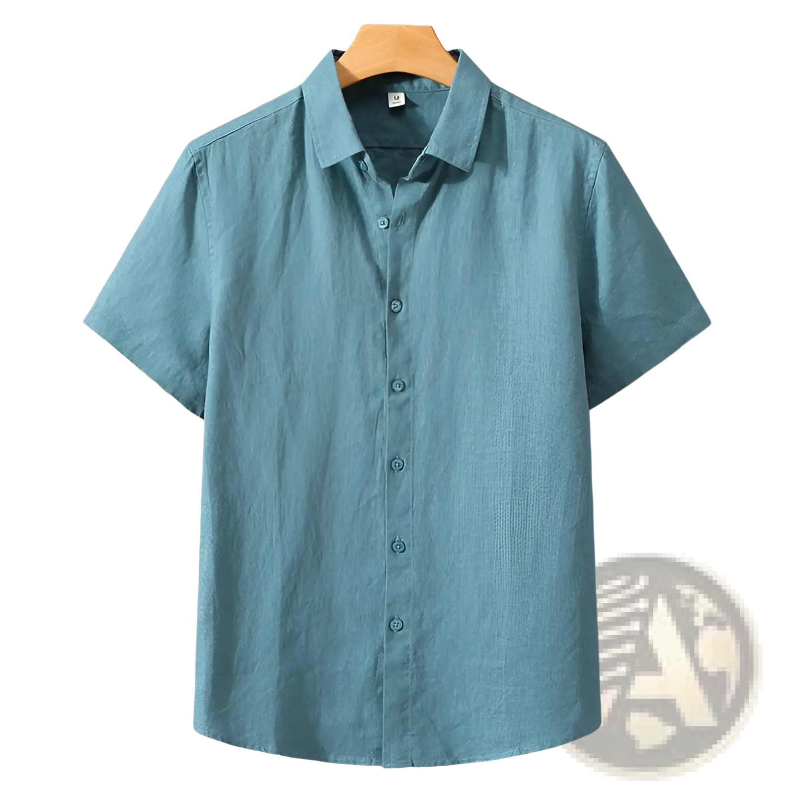 Light blue retro slim fit short sleeve linen shirt with classic collar and button-down front for casual wear