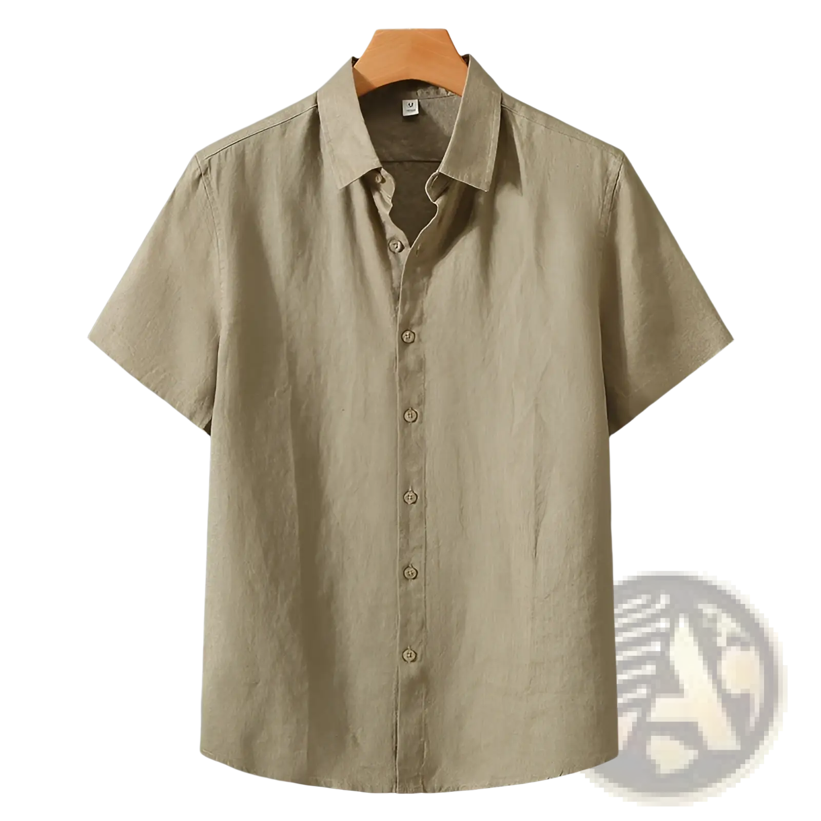 Beige retro slim fit short sleeve linen shirt with classic collar and matching buttons for casual wear
