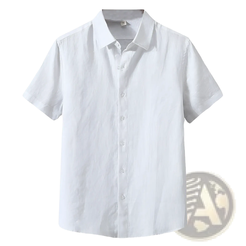 A crisp white retro slim fit short sleeve linen shirt with classic collar and subtle fabric texture