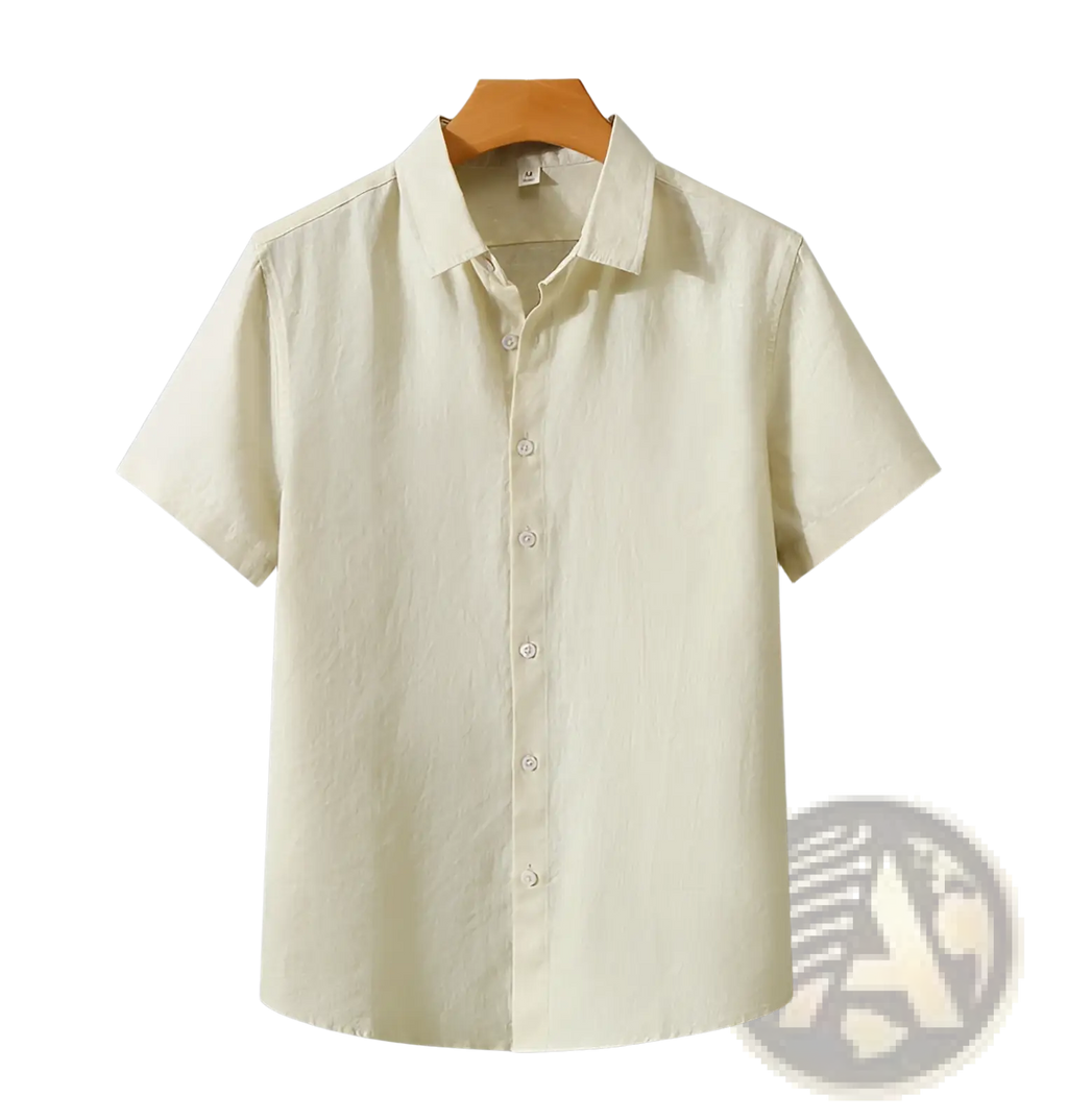 A light beige retro slim fit short sleeve linen shirt with a classic collar and subtle texture