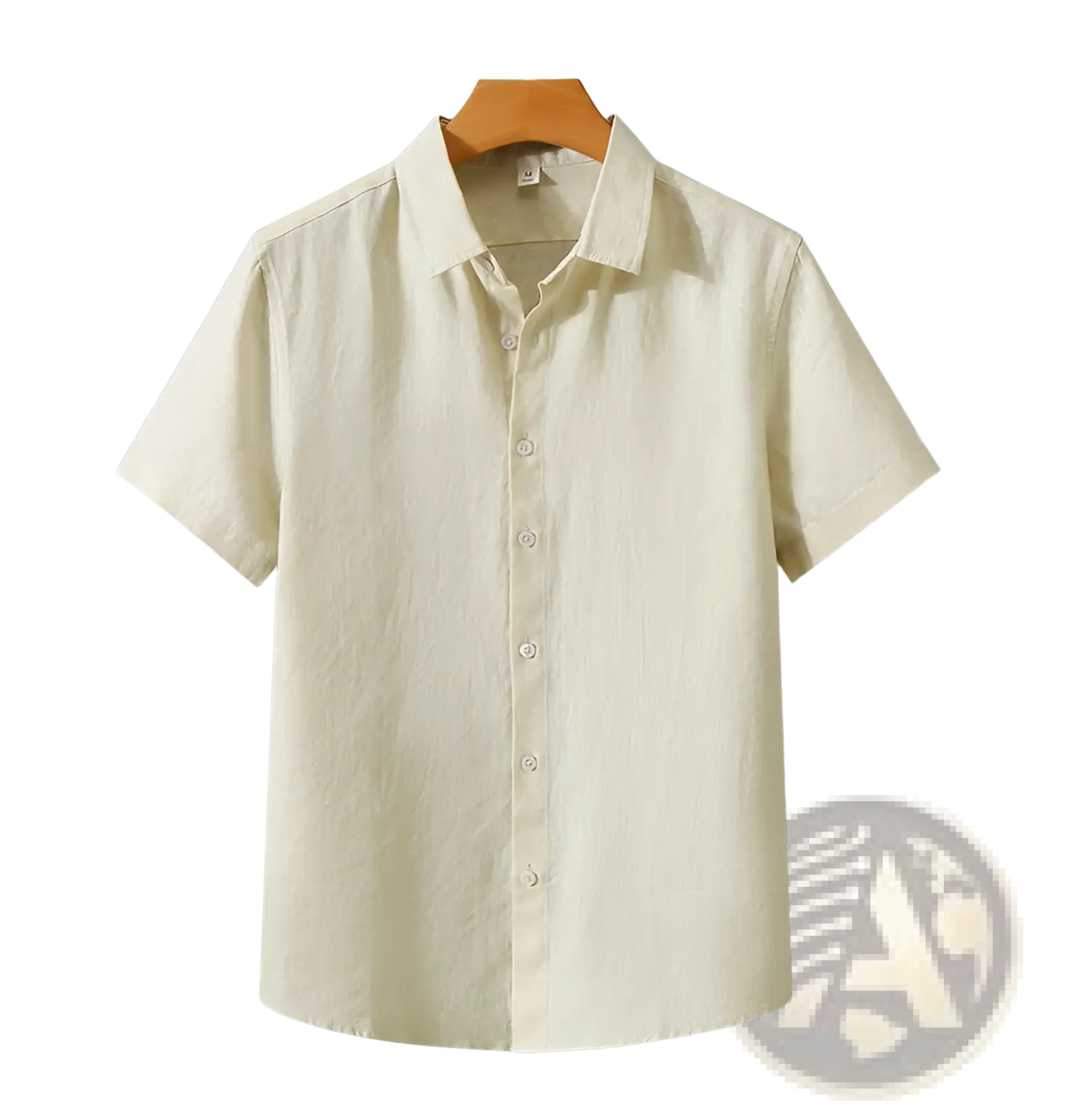 A light beige retro slim fit short sleeve linen shirt with a classic collar and subtle texture