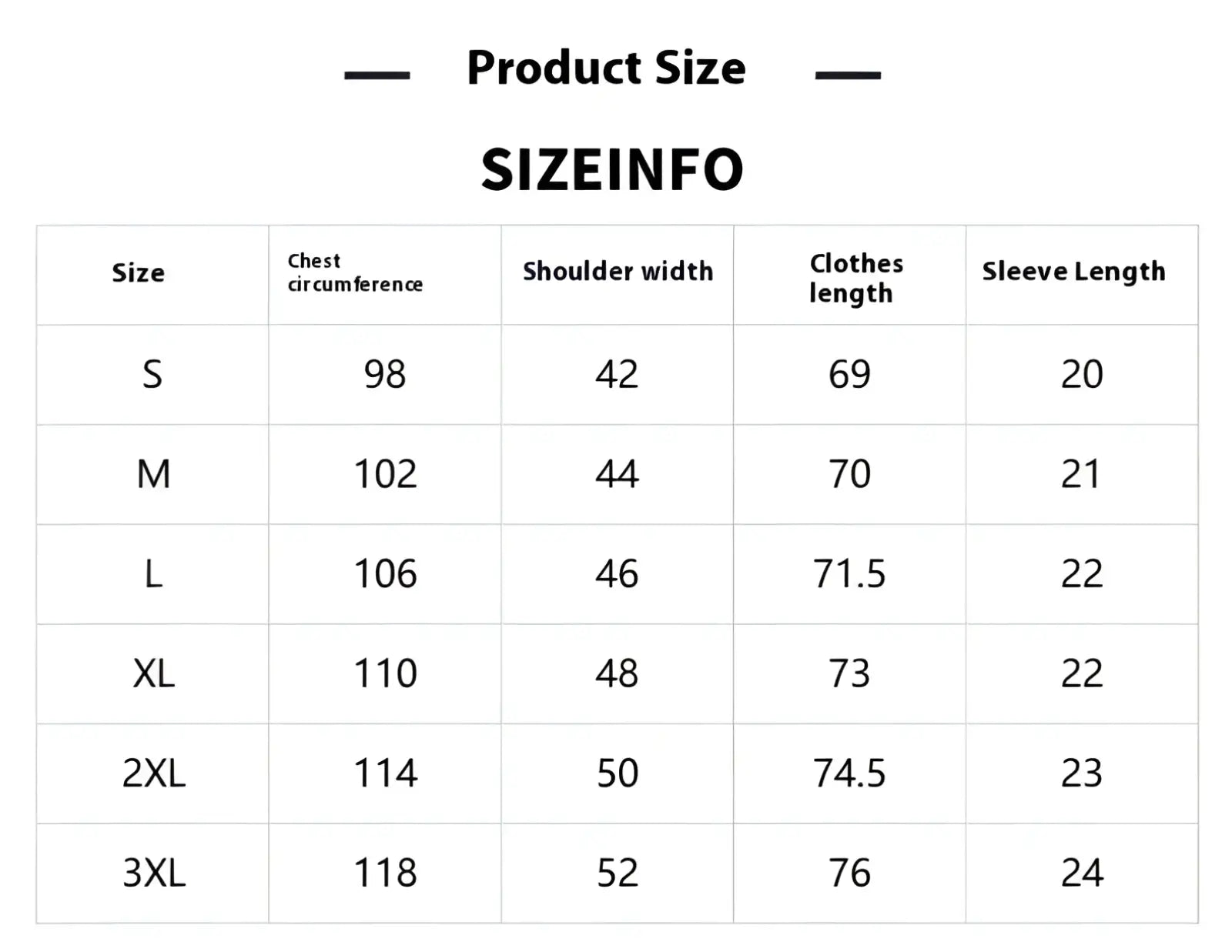 Size chart displaying measurements in centimeters for retro slim fit short sleeve linen shirt in sizes S to 3XL
