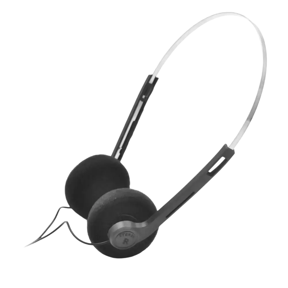 Black over-ear small headphones with silver headband and foam ear cushions featuring stereo logo for wired use