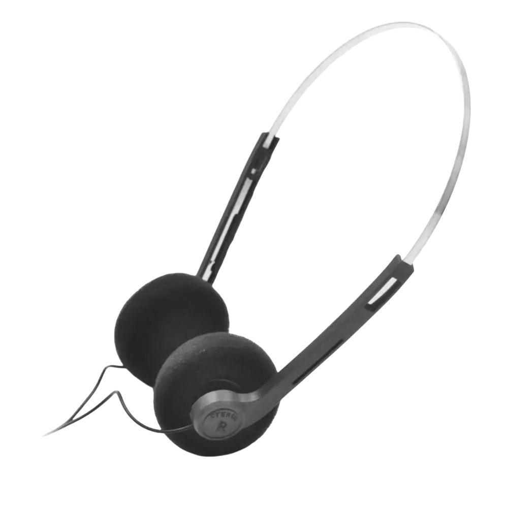Black small over-ear wired headphones with silver headband and foam ear cushions featuring r logo on earcups