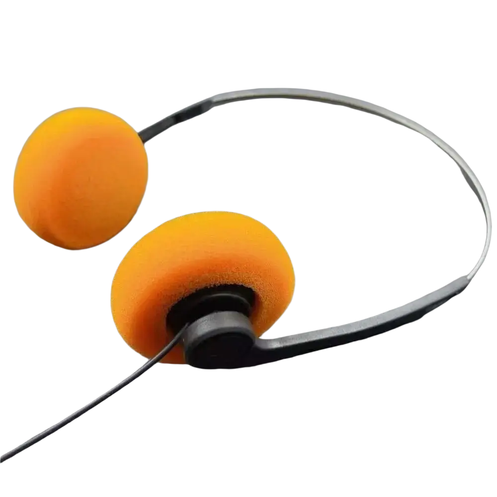 Retro small headphones with wired black headband and orange foam ear cushions for comfortable listening