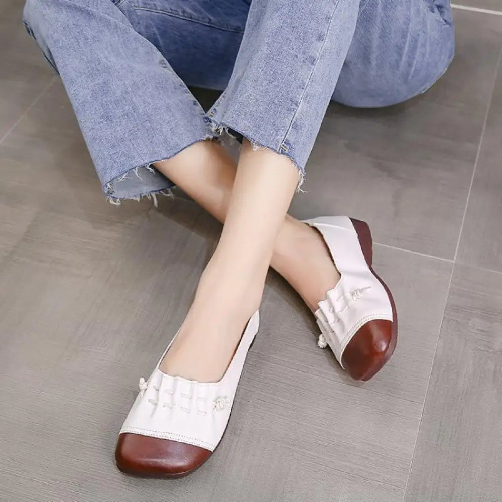 White and brown leather retro soft sole tassel loafers with ruffled front detail for casual wear