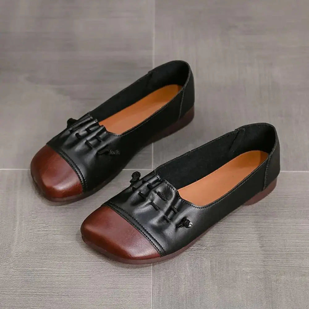 Retro soft sole leather tassel loafers in black and brown with square toe and decorative black tassels across the vamp