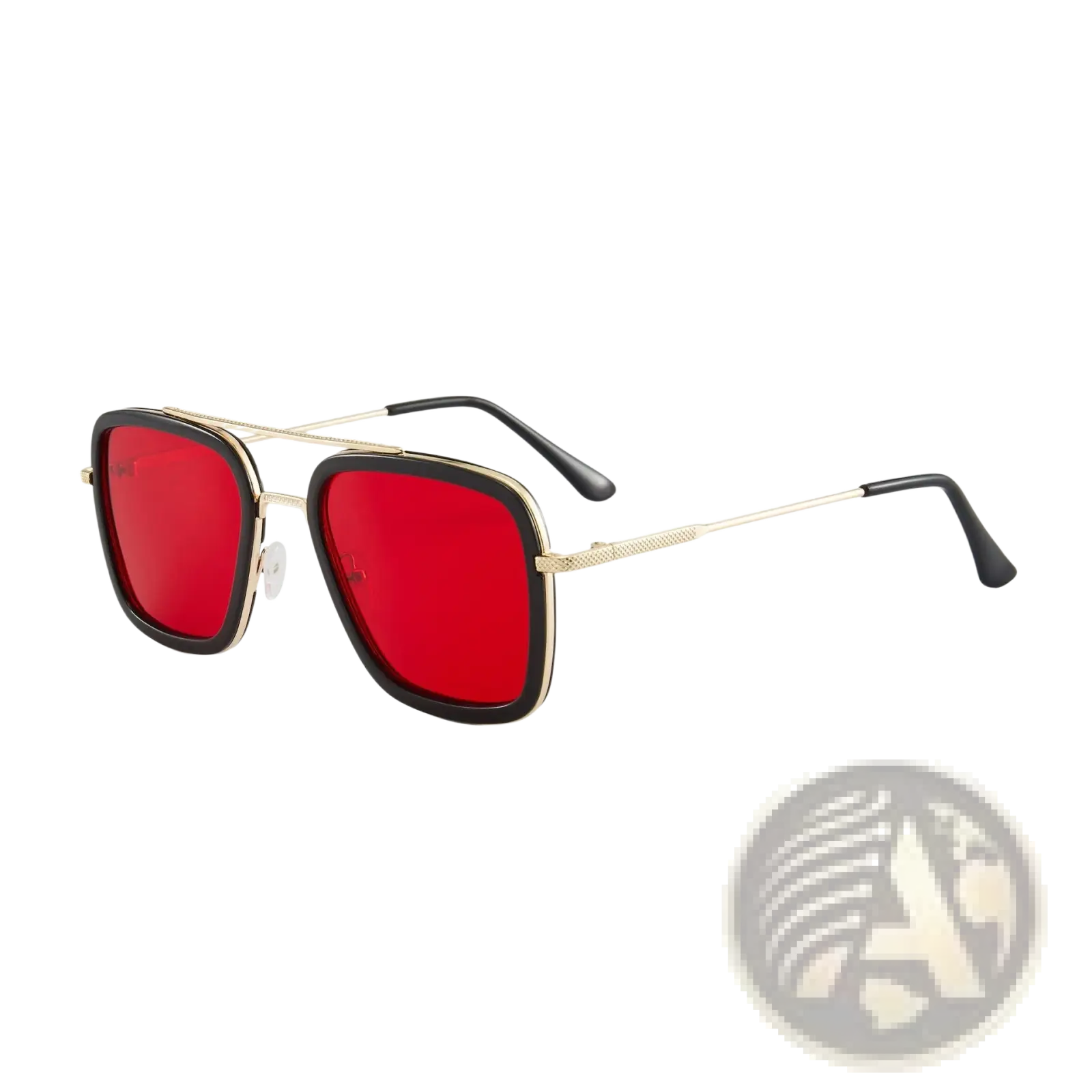 Retro square double bridge unisex fashion sunglasses with gold-toned aviator frame and bold red lenses with black tips