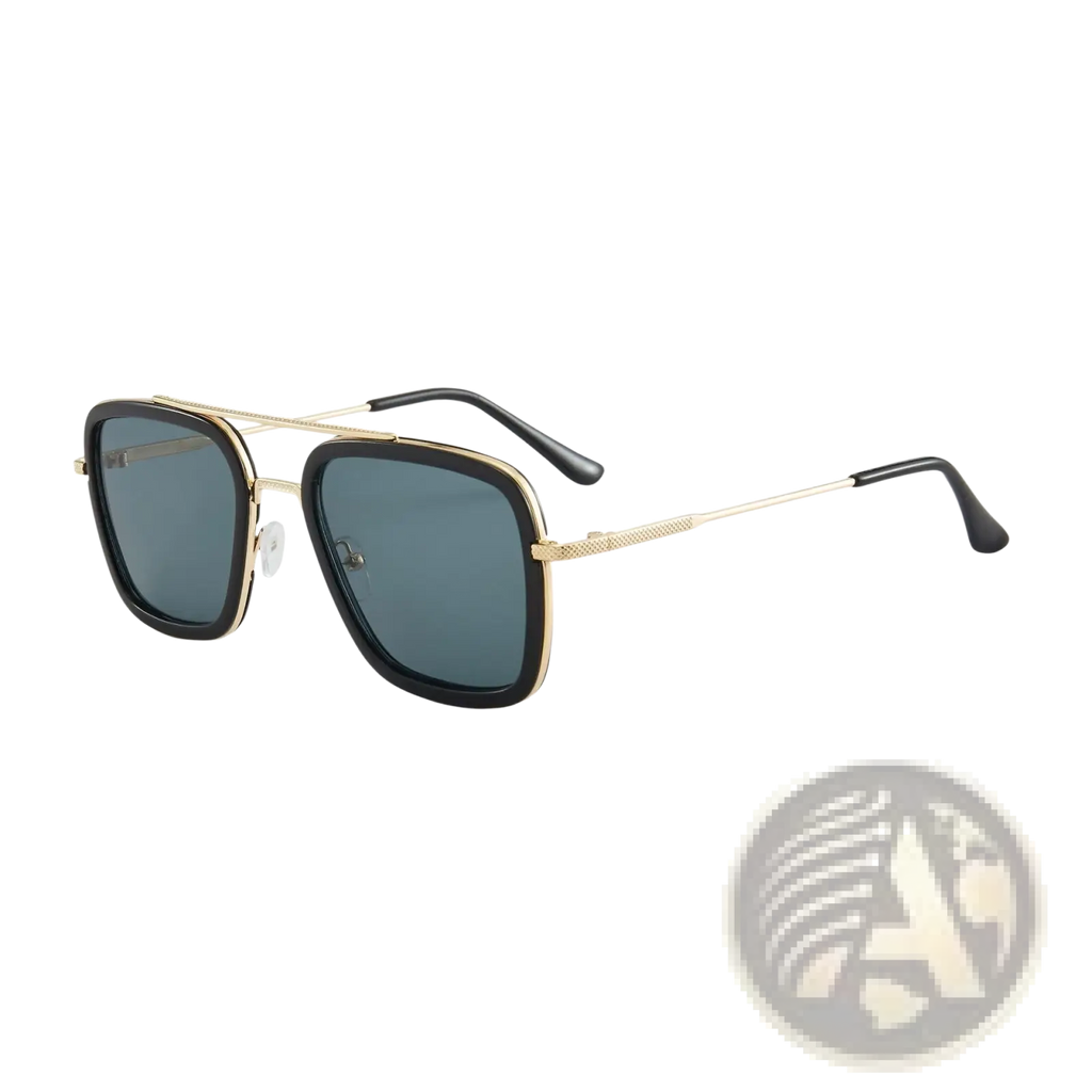 Retro square double bridge unisex fashion sunglasses with black and gold frames and dark gray lenses