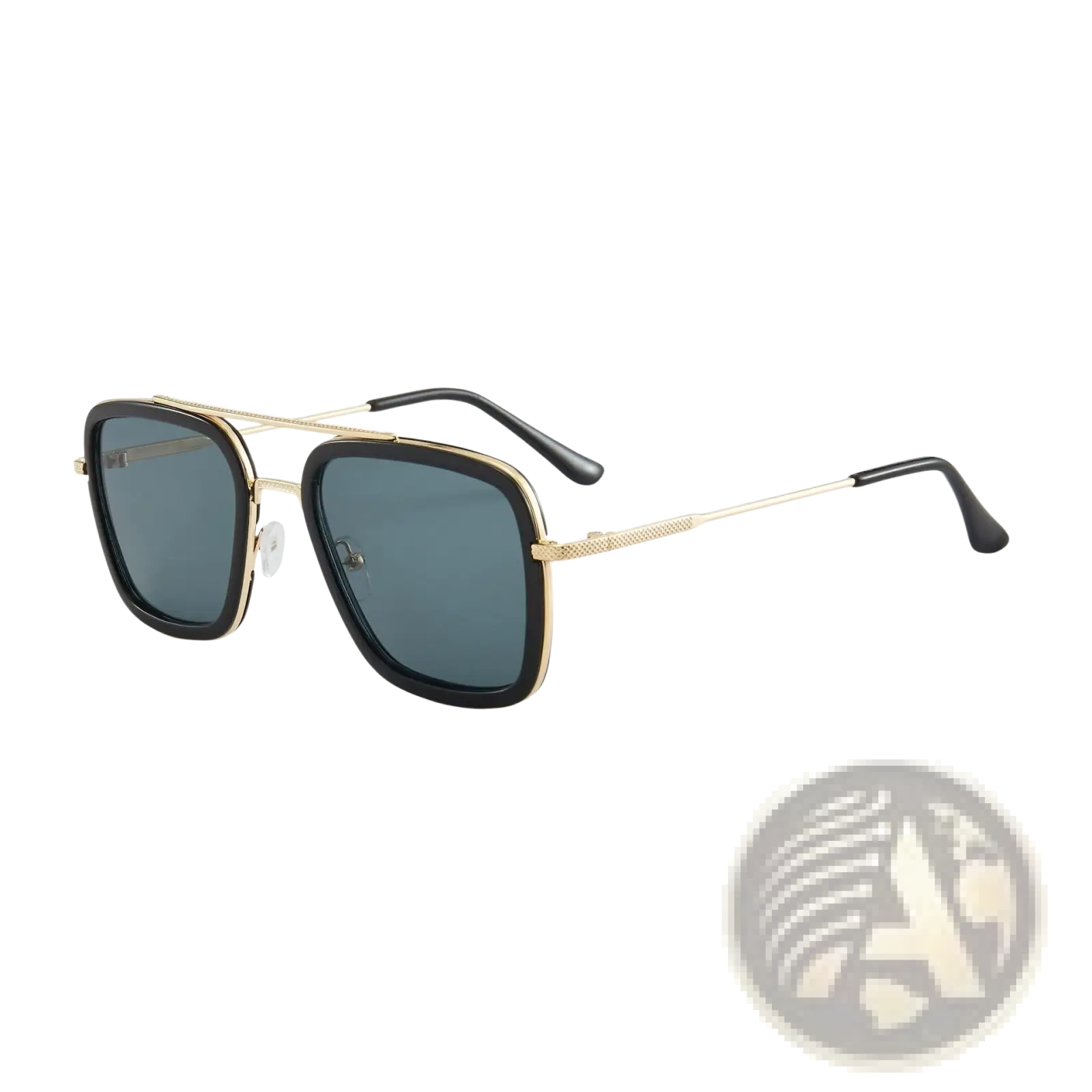 Retro square double bridge unisex fashion sunglasses with black and gold frames and dark gray lenses